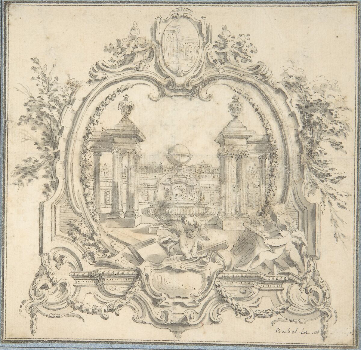 Study for a Book Vignette, Pierre Edmé Babel (French, Paris 1720–1775 Paris), Pen and gray ink, brush and gray wash, with framing lines 