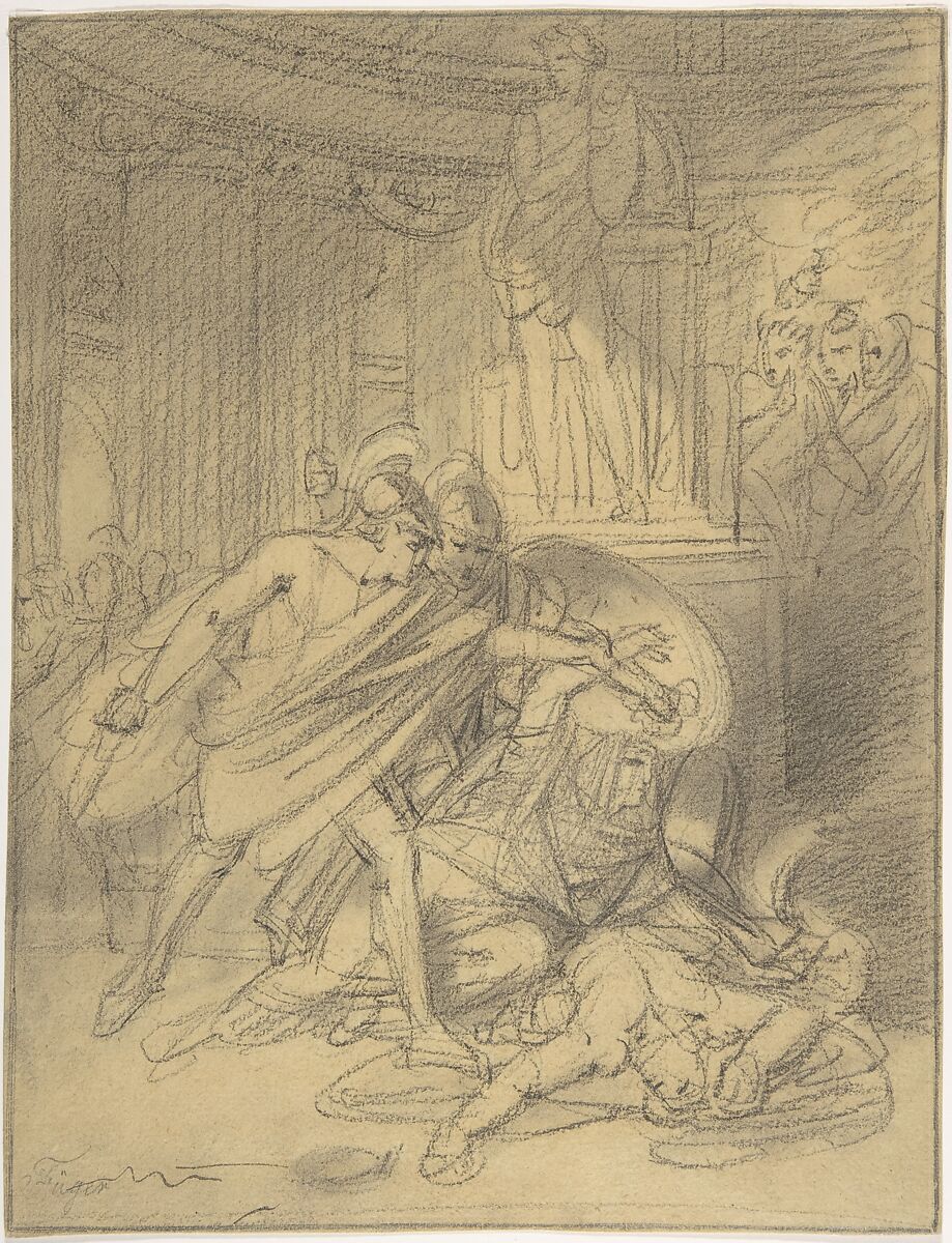 Two Warriors in Classical Costume Bending over Two Figures, Heinrich Friedrich Füger (German, Heilbronn 1751–1818 Vienna), Black chalk and a few stray lines of black ink in lower left on yellow paper (or paper washed with yellow) 