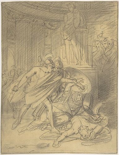 Two Warriors in Classical Costume Bending over Two Figures