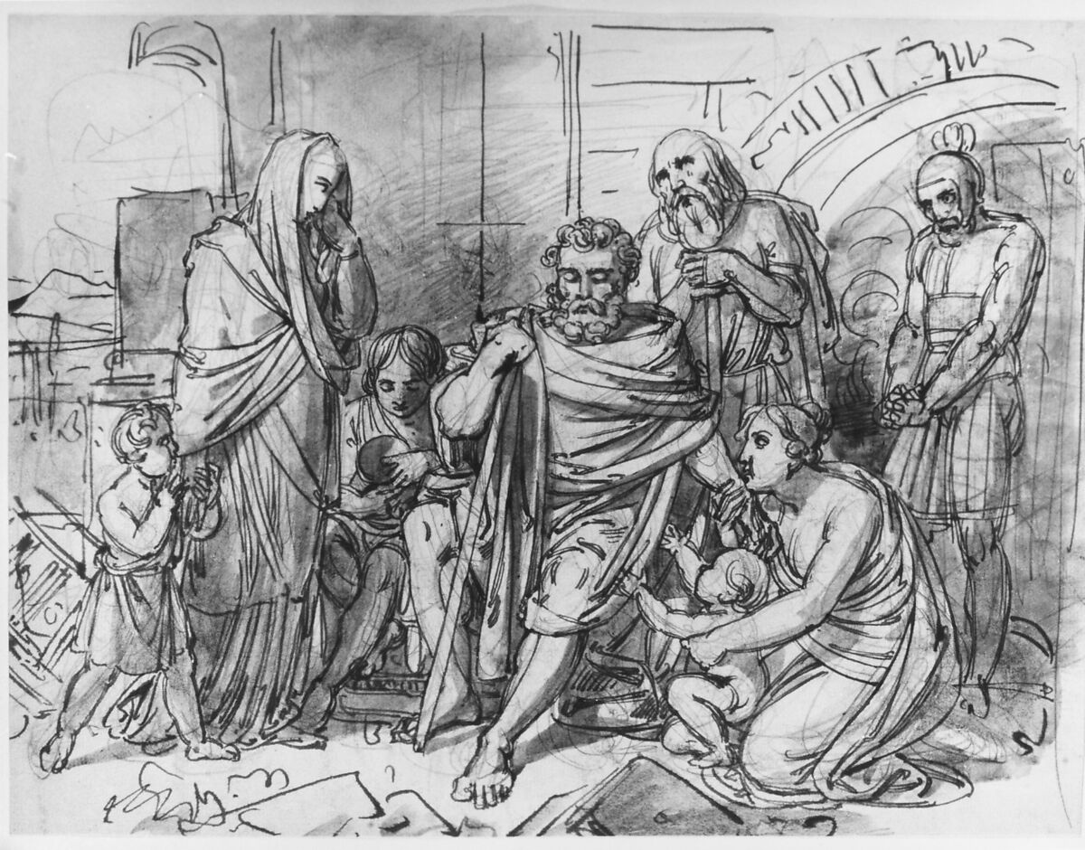 Belisarius Begging for Alms, Heinrich Friedrich Füger (German, Heilbronn 1751–1818 Vienna), Pen and brown ink, brush and brown wash over black chalk, over graphite underdrawing