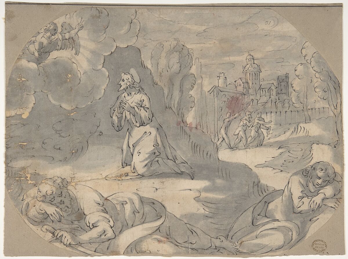 Christ in the Garden of Gethsemane (Matthew 26:36-46), Anonymous, German, 16th century, Pen and black ink over underdrawing in gray and brown ink, brush and gray wash 