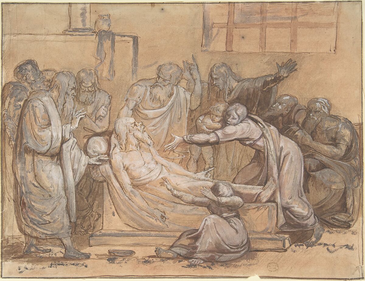 Death of Socrates, Anonymous, German, 19th century, Pen and brown ink, red chalk and gouache 