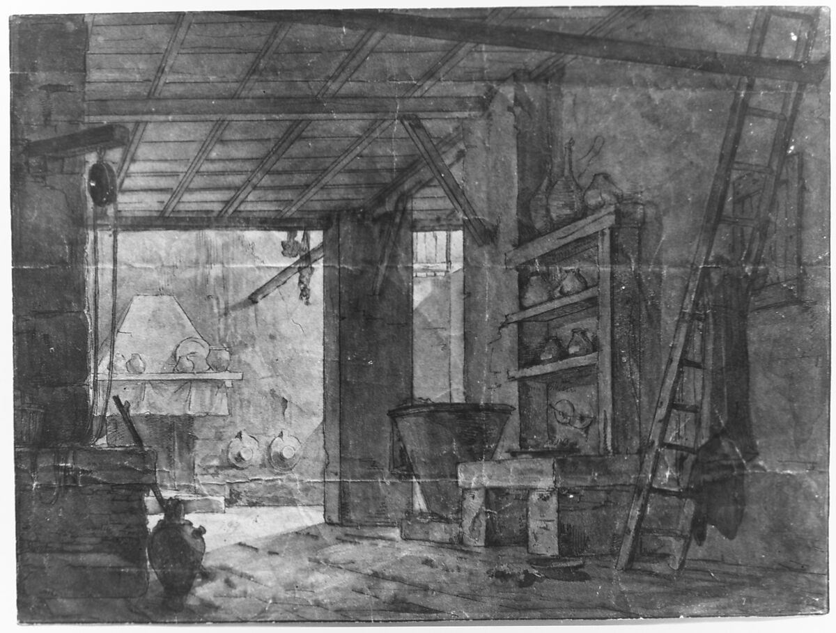 Interior of Farm House, Anonymous, German, 18th century (?), Pen and brown ink, brush and brown and gray wash