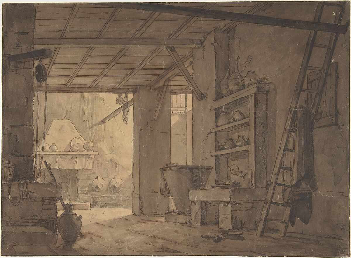 Interior of Farm House, Anonymous, German, 18th century (?), Pen and brown ink, brush and brown and gray wash 