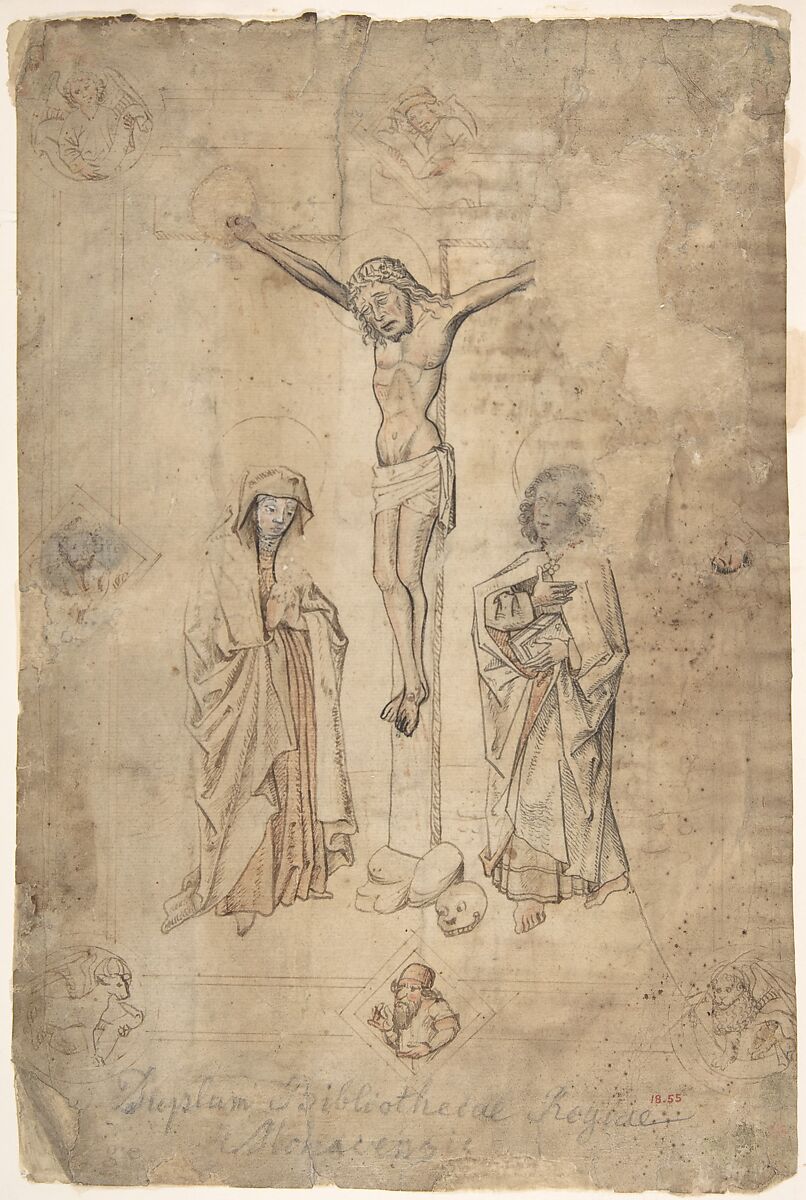 Crucifixion with the Virgin and St. John the Evangelist, Anonymous, German, 15th century, Pen and brown ink, black and red ink, brown and red wash,  with some white heightening 