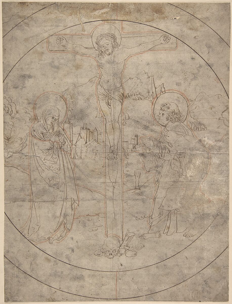 Crucifixion with the Virgin and St. John the Evangelist, Anonymous, German, 16th century, Pen and brown ink, black and red chalk 