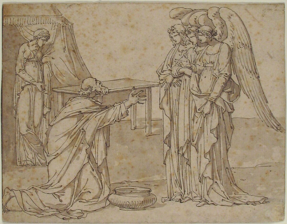 Three Angels Visiting Abraham, Charles Meynier (French, Paris 1768–1832 Paris), Pen and brown ink, brush and brown wash.