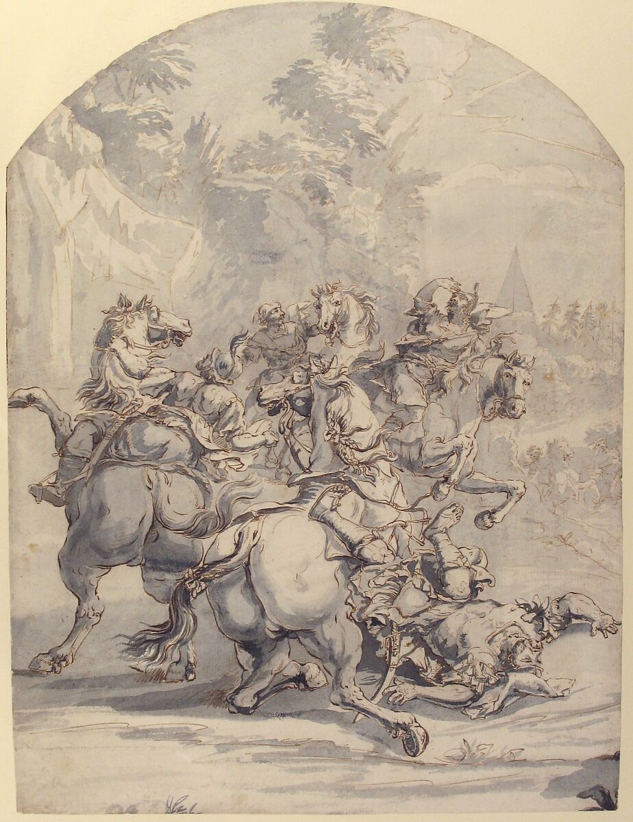 Cavalry Engagement, Francesco Monti ("Il Brescianino delle Battaglie") (Italian, Bologna 1685–1768 Brescia) - Il Brescianino delle Battaglie ?, Pen and brown ink, blue-gray wash