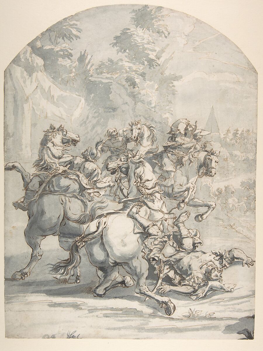 Cavalry Engagement, Francesco Monti ("Il Brescianino delle Battaglie") (Italian, Bologna 1685–1768 Brescia) - Il Brescianino delle Battaglie ?, Pen and brown ink, blue-gray wash 