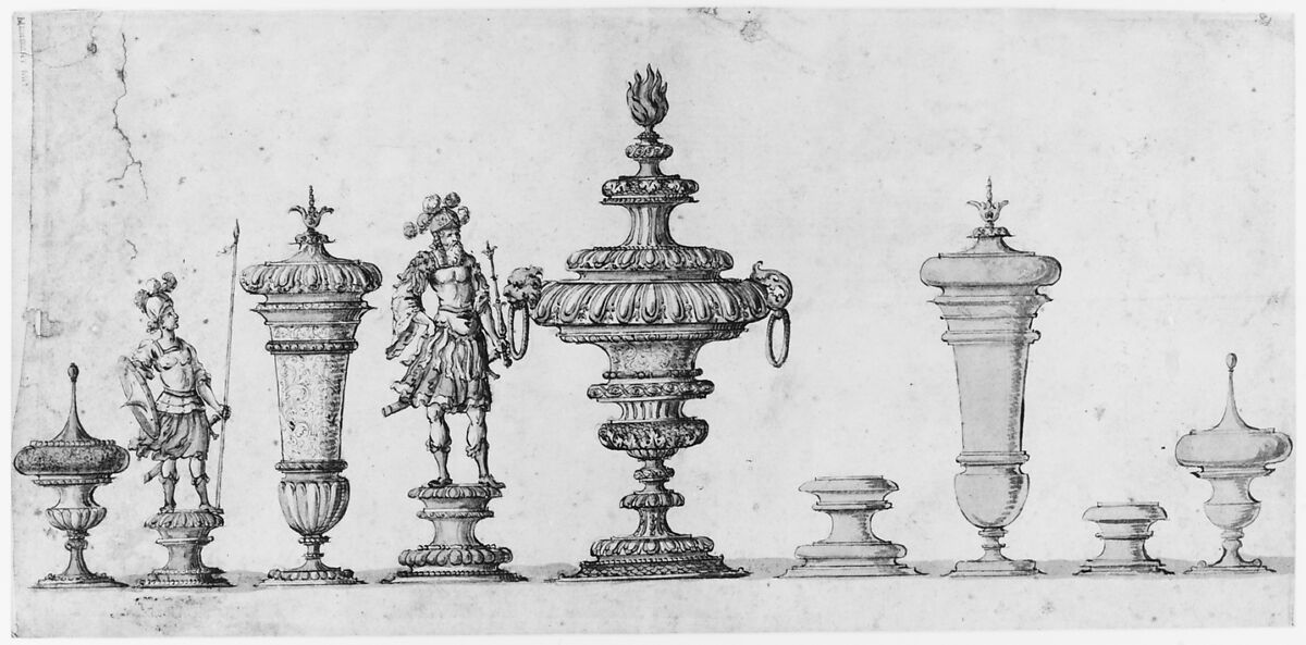 Studies for Decorative Arts Objects, Anonymous, German, 17th century, Pen and brown ink and gray watercolor