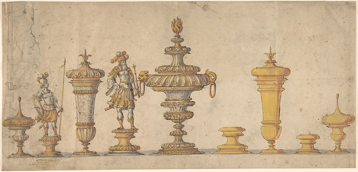 Studies for Decorative Arts Objects, Anonymous, German, 17th century, Pen and brown ink and gray watercolor 