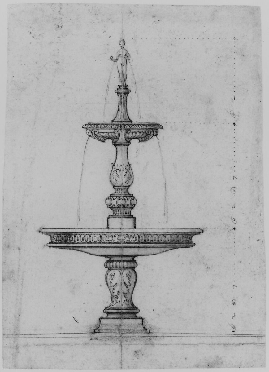 Design for a Table Fountain, Anonymous, German, 16th century (Munich?), Pen and brown ink and brown wash over black chalk