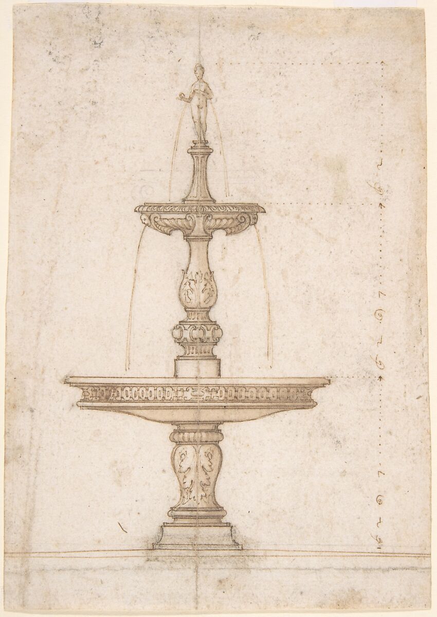 Design for a Table Fountain, Anonymous, German, 16th century (Munich?), Pen and brown ink and brown wash over black chalk 