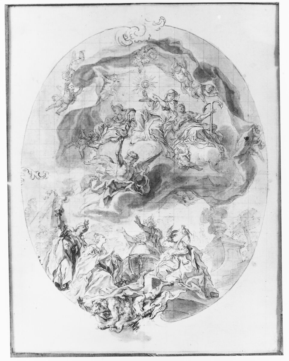 Veneration of the Eucharist by the Peoples of the World (Allegories of the Four Continents), Gottfried Bernhard Goetz (German, Velehrad 1708–1774 Augsburg), Pen and brown and black ink, gray wash touched with white