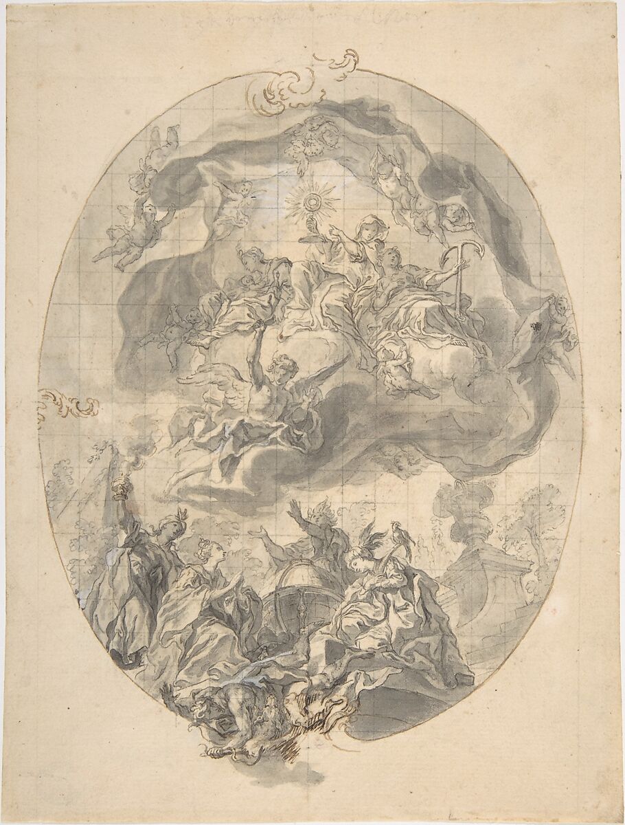 Veneration of the Eucharist by the Peoples of the World (Allegories of the Four Continents), Gottfried Bernhard Goetz (German, Velehrad 1708–1774 Augsburg), Pen and brown and black ink, gray wash touched with white 