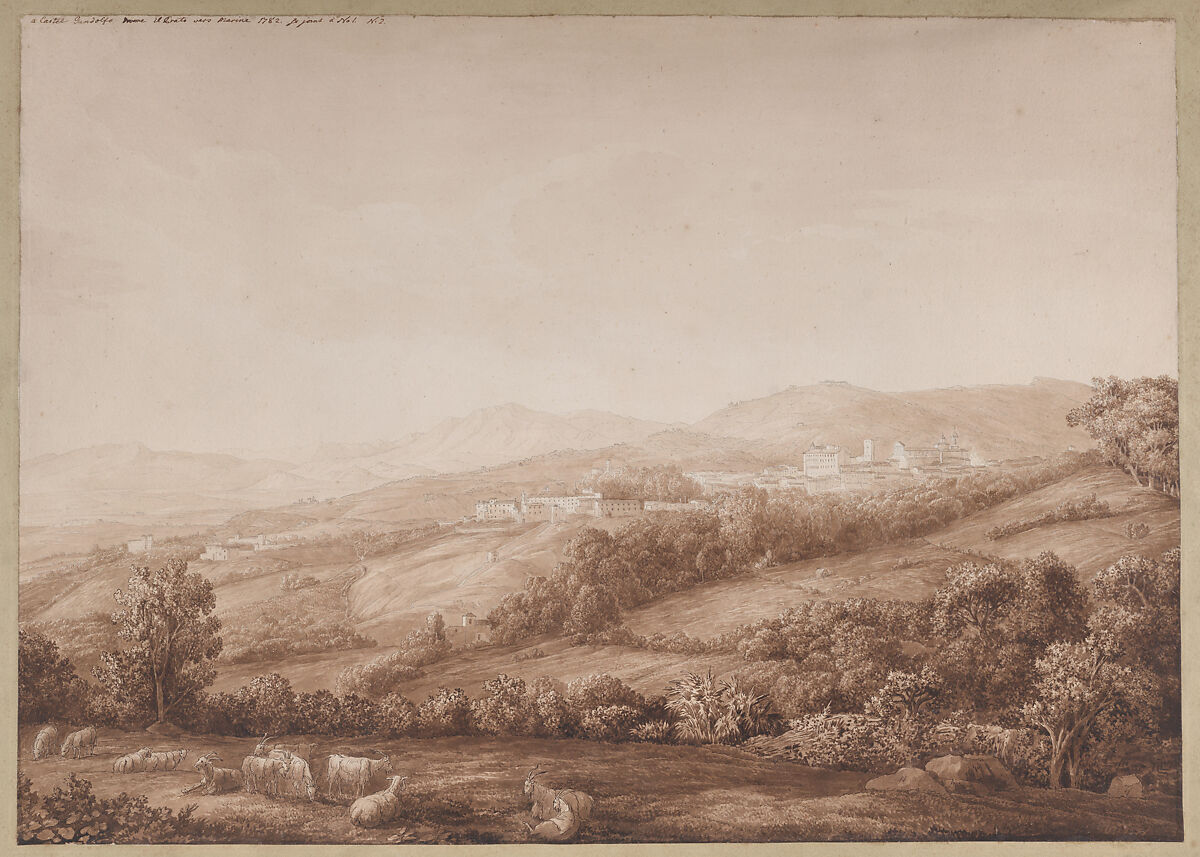 View of Marino in the Alban Hills, Jacob Philipp Hackert (German, Prenzlau 1737–1807 San Pietro di Careggi), Pen and brown ink, brown wash over black chalk. 