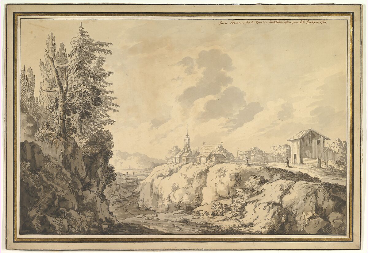 View of Svenarum in the Province of Småland, Sweden, Jacob Philipp Hackert (German, Prenzlau 1737–1807 San Pietro di Careggi), Brush and gray and brown wash over faint indications in black chalk; framing lines in black ink 