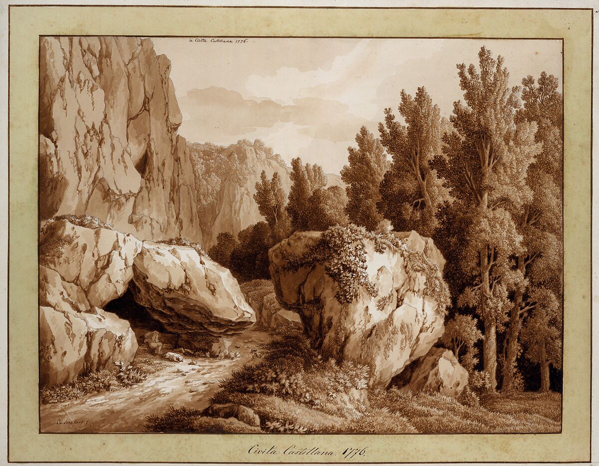 A Rocky Landscape at Civita Castellana, Jacob Philipp Hackert (German, Prenzlau 1737–1807 San Pietro di Careggi), Brush and brown wash over graphite; framing lines in pen and brown ink