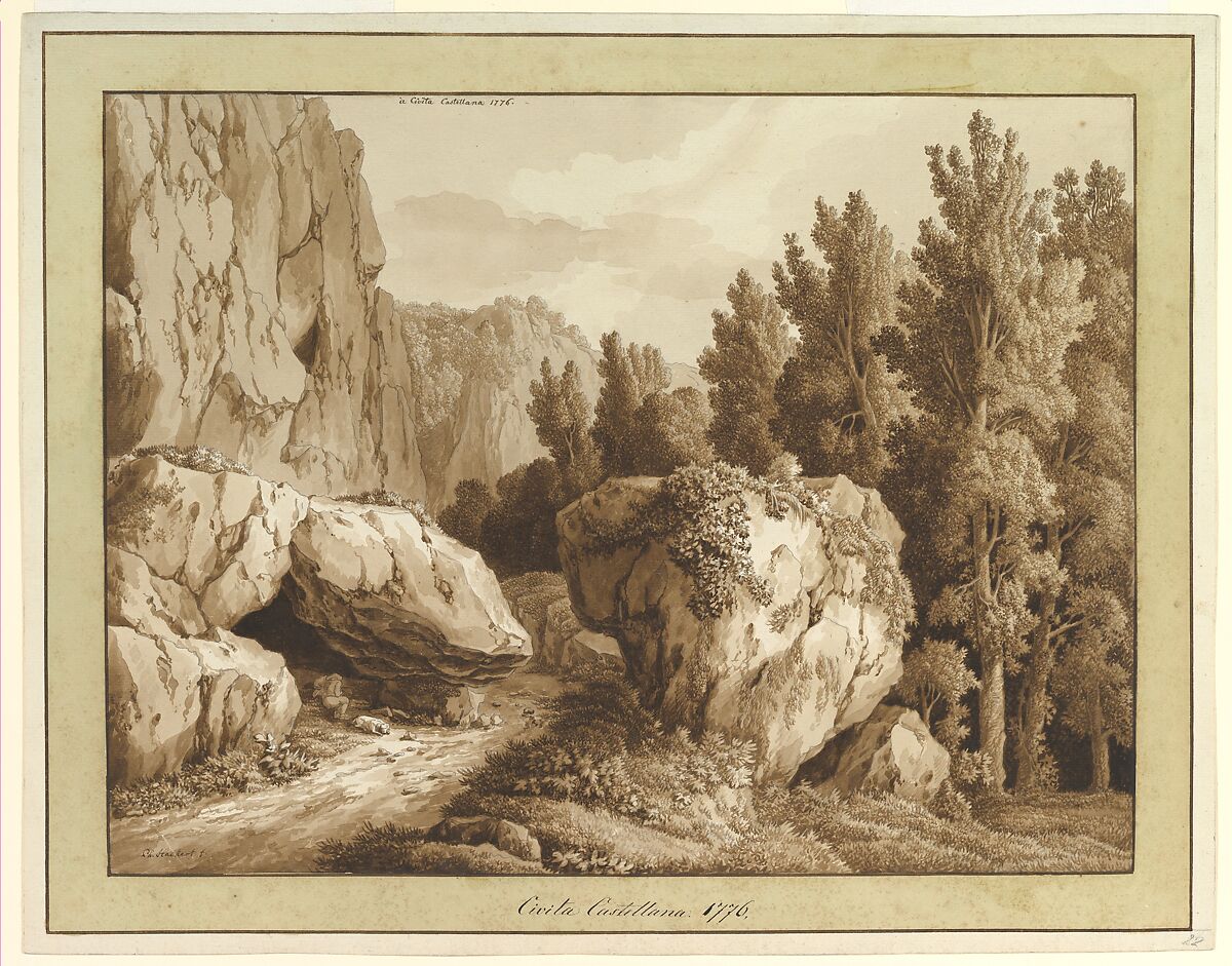 A Rocky Landscape at Civita Castellana, Jacob Philipp Hackert (German, Prenzlau 1737–1807 San Pietro di Careggi), Brush and brown wash over graphite; framing lines in pen and brown ink 