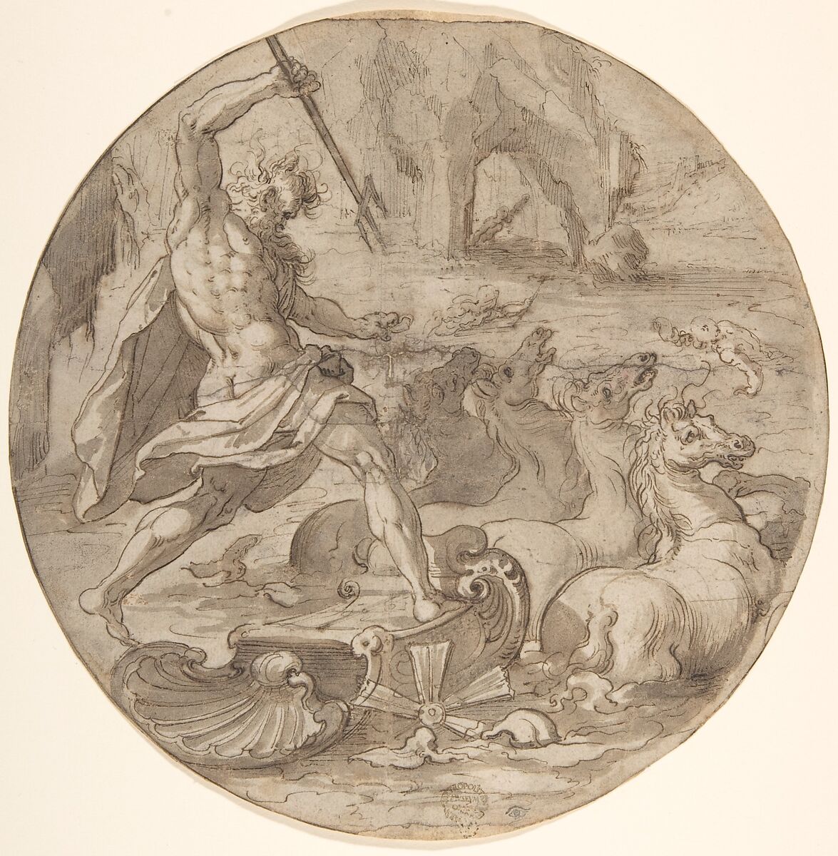 Neptune in his Chariot, Attributed to Pieter de Jode I (Netherlandish, Antwerp 1570–Antwerp 1634), Pen and brown ink, brown wash, over traces of black chalk 
