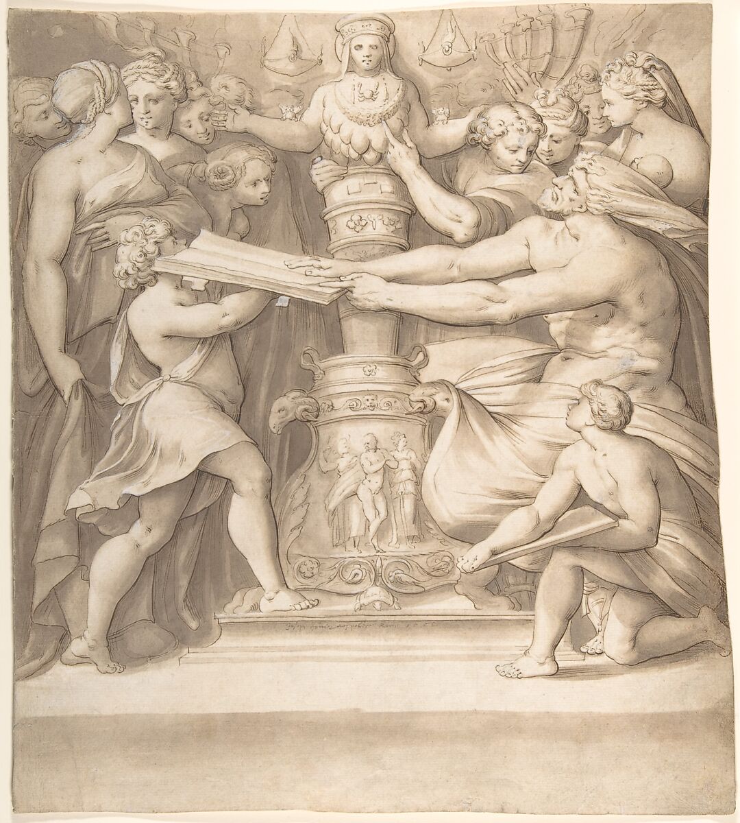 Figures Adoring a Statue of the "Magna Mater", Joseph Heintz the Elder (Swiss, Basel 1564–1609 Prague), Pen and brown ink, brush and gray-brown wash, heightened with white 
