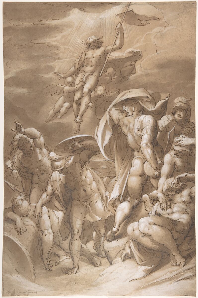 The Resurrection of Christ, Joseph Heintz the Elder (Swiss, Basel 1564–1609 Prague), Pen and brown ink, brush and brown wash, with lead white heightening and traces of graphite or black chalk, on paper toned with transparent brown wash; graphite framing lines at left and top edges 