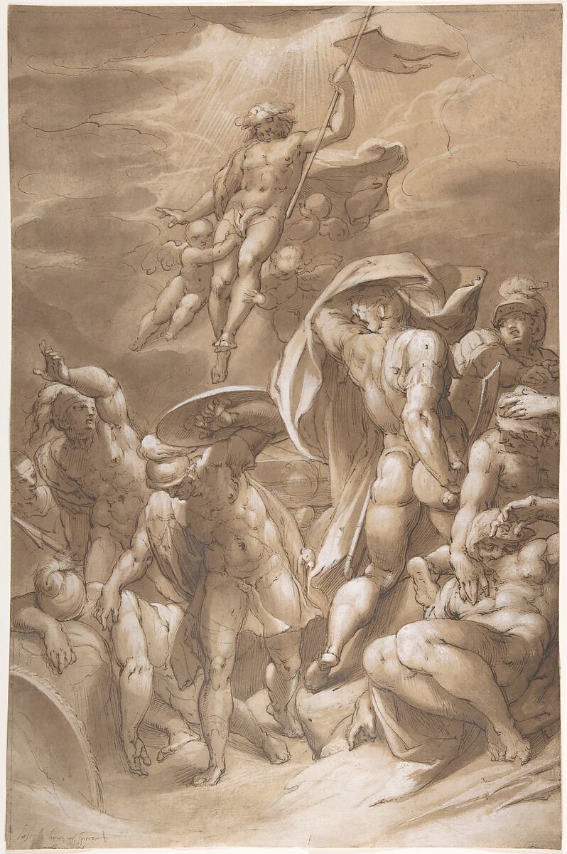 The Resurrection of Christ, Joseph Heintz the Elder (Swiss, Basel 1564–1609 Prague), Pen and brown ink, brush and brown wash, heightened with white over graphite or black chalk, on paper toned with transparent brown wash; framing lines in graphite at left and top edges 