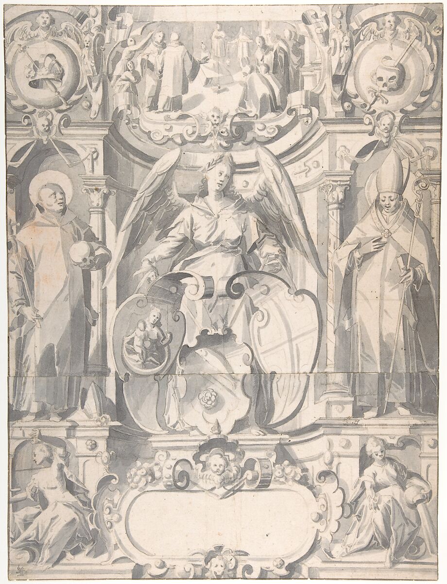 Design for a Stained Glass Window or  Frontispiece with the Arms of a Cleric, Johann Heiss (German, Memmingen 1640–1704 Augsburg), Pen and brown ink, gray wash on two sheets of paper attached; framing lines in pen and brown ink 