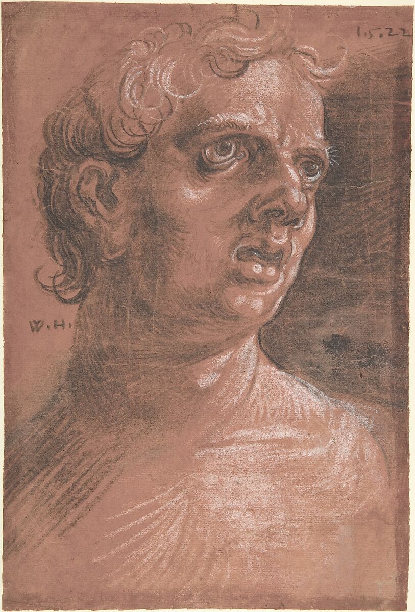 Bust of a Man, Wolfgang Huber (German, Feldkirch/Vorarlberg ca. 1485/90–1553 Passau), Black and white chalk on off-white paper prepared with red gouache