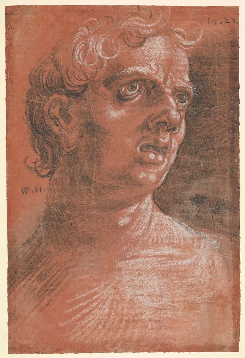 Bust of a Man, Wolfgang Huber (German, Feldkirch/Vorarlberg ca. 1485/90–1553 Passau), Black and white chalk on off-white paper prepared with red gouache 