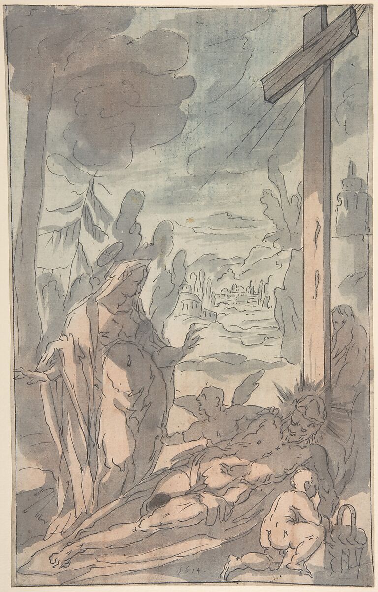 The Standing Virgin Lamenting the Dead Christ at the Foot of the Cross, Anonymous, German, 17th century, Pen and black ink, pink, blue and gray wash. 
