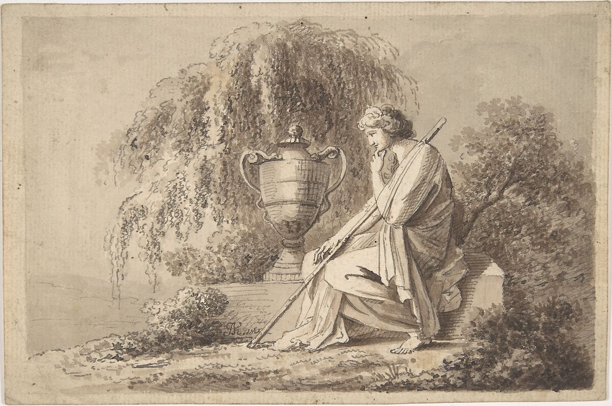 Female Figure Seated Beside an Urn, circle of Angelica Kauffmann (Swiss, Chur 1741–1807 Rome), Pen and brown ink and brown wash over black chalk 