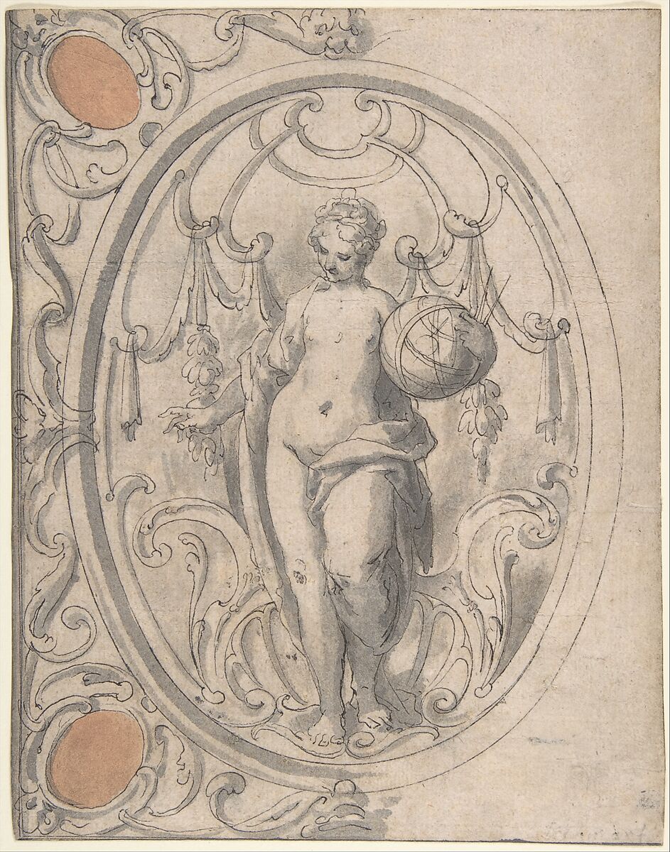 Design for an Ornamental Panel with the Figure of Astronomy, Johann Matthias Kager (German, Munich 1575–1634 Augsburg), Pen and black ink, brush and gray wash and ochre washes. 
