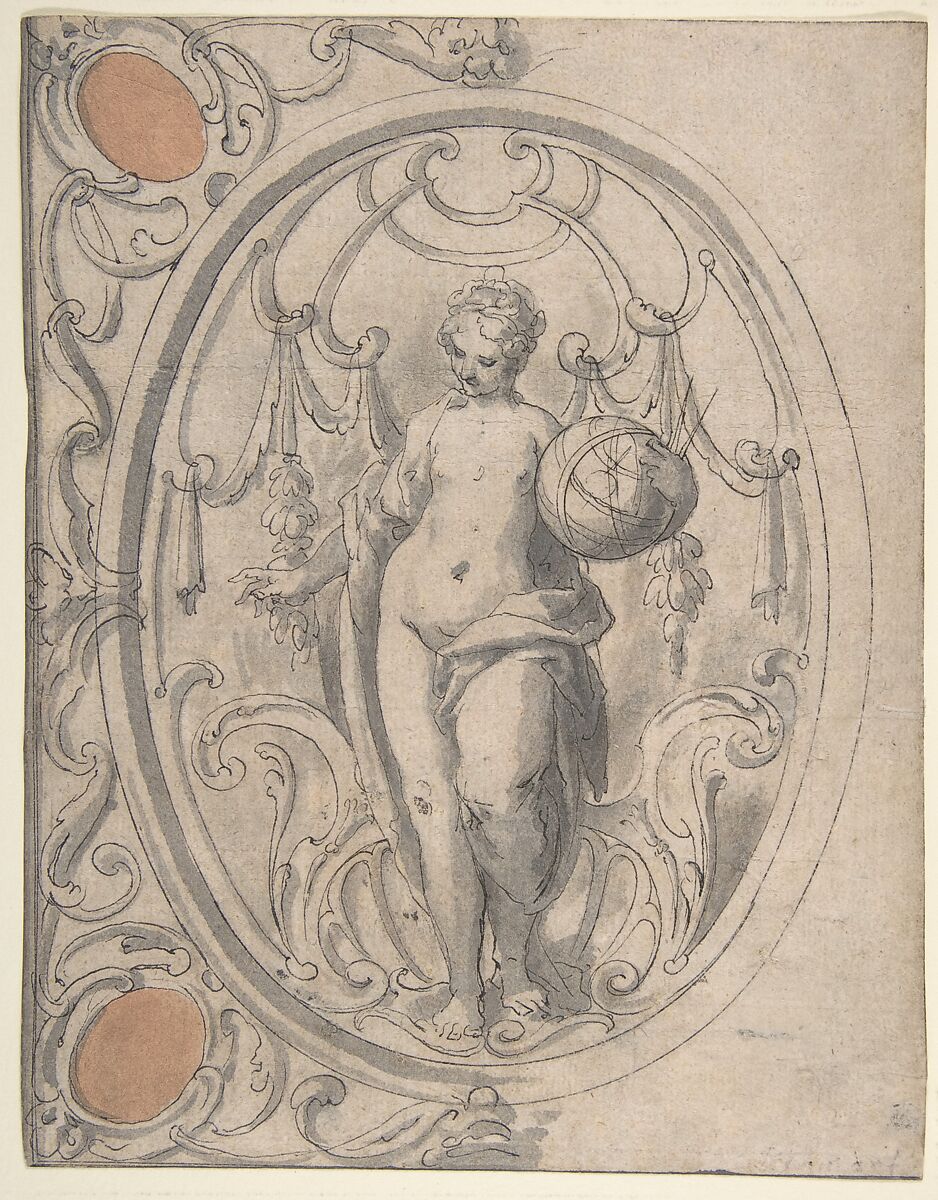 Design for an Ornamental Panel with the Figure of Astronomy, Johann Matthias Kager (German, Munich 1575–1634 Augsburg), Pen and black ink, brush and gray wash and ochre washes.