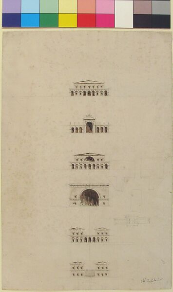 Architectural Designs for Six Buildings, Charles de Blonde (French), Pen and brown and gray ink, brush and brown wash, over graphite, with sketches for ground plan in graphite