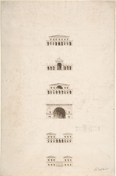 Architectural Designs for Six Buildings, Charles de Blonde (French), Pen and brown and gray ink, brush and brown wash, over graphite, with sketches for ground plan in graphite 