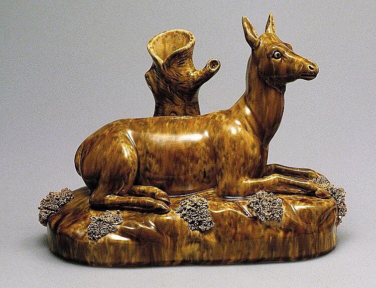 Figural spill vase, Lyman, Fenton &amp; Co. (1849–52), Earthenware with flint enamel glaze, American