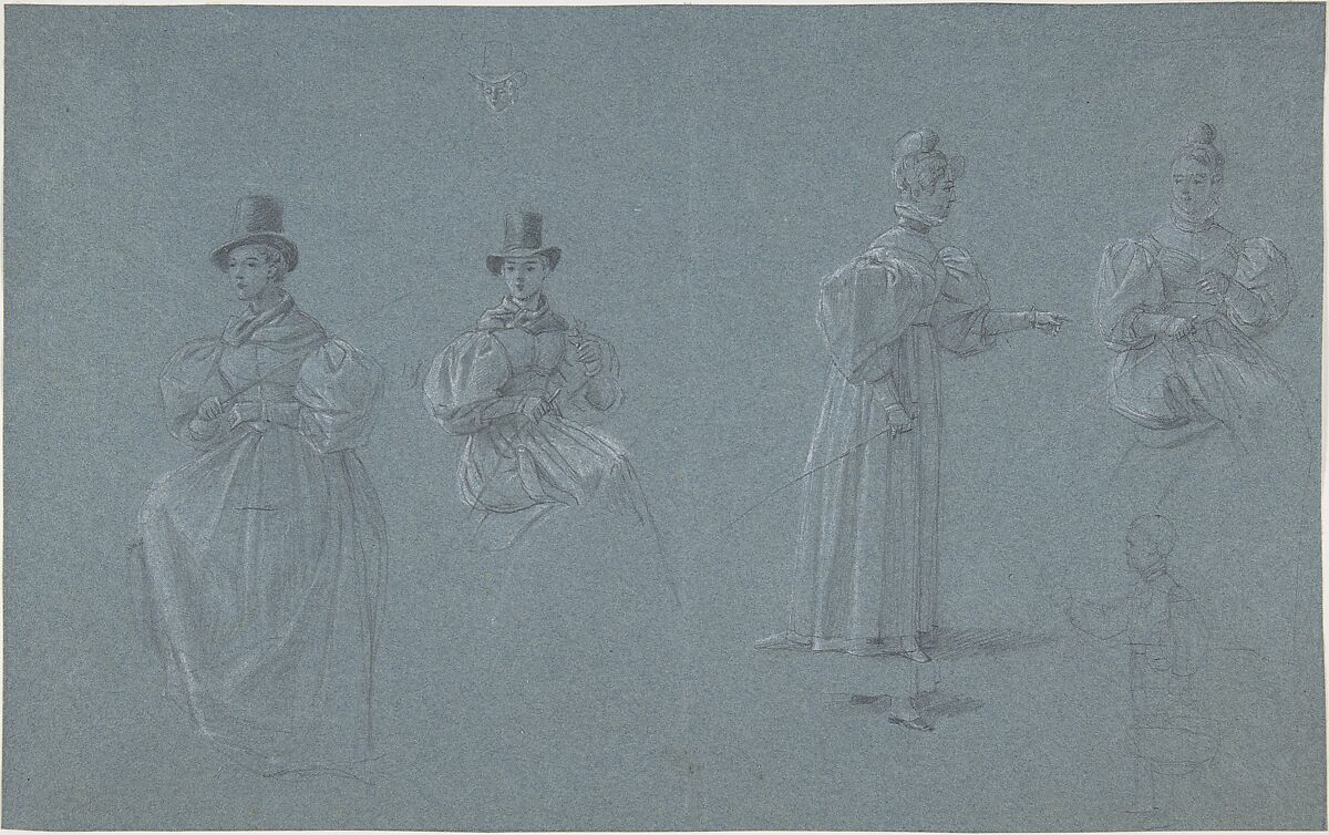 Studies of Horsewomen, Wilhelm von Kobell (German, Mannheim 1766–1853 Munich), Graphite, heightened with white chalk, on blue paper 