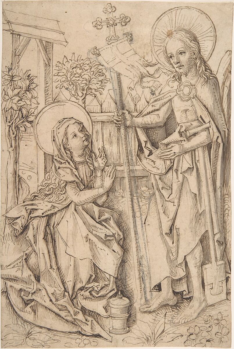 Christ Appearing to Mary Magdalen, Master of the Drapery Studies (German, Strasbourg, ca. 1470–1500), Pen and brown ink, brush and brown wash, and black chalk 