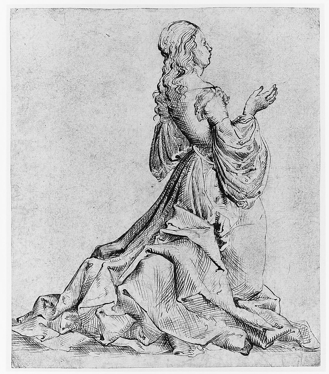 Kneeling Female Figure, Master MZ (German, Munich, ca. 1477–1525), Pen and black ink