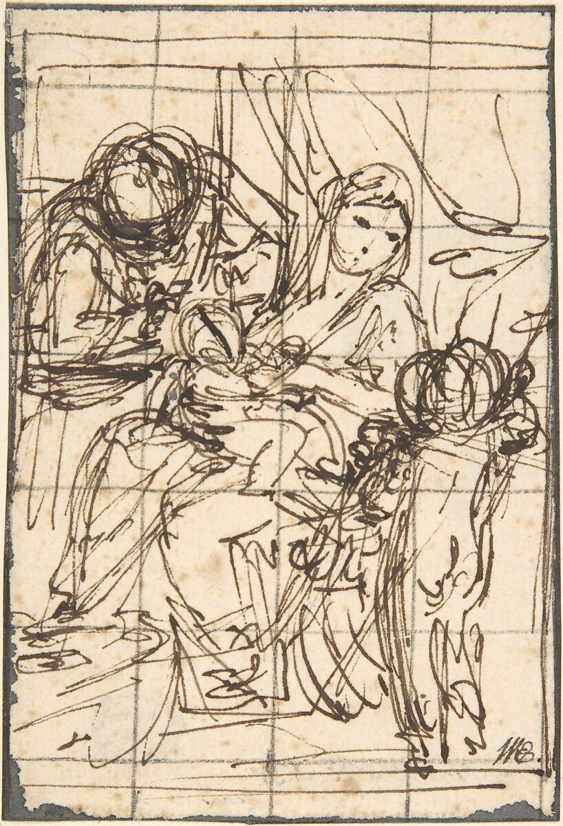 Holy Family with St. John the Baptist, Anton Raphael Mengs (German, Ústi nad Labem (Aussig) 1728–1779 Rome), Pen and brown ink, squared for transfer in black chalk 