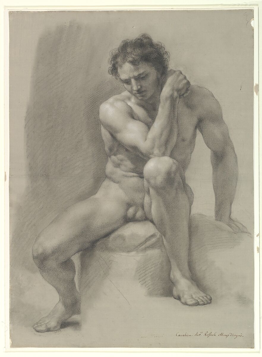 Seated Nude Male, Anton Raphael Mengs (German, Ústi nad Labem (Aussig) 1728–1779 Rome), Black chalk, heightening with white, brown wash (?), on gray-brown paper 