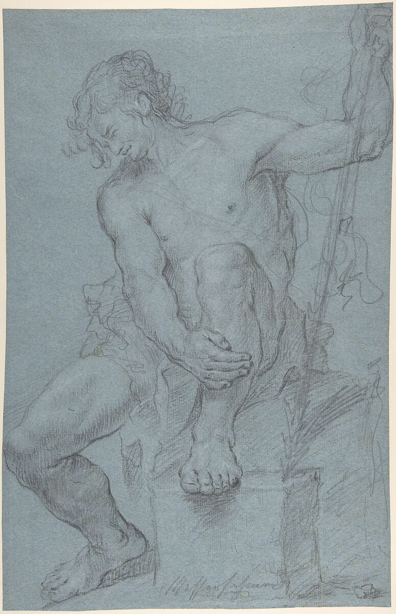 Seated Male Nude Holding a Staff, Franz Xaver Messerschmidt (German, Wiesensteig 1736–1783 Pressburg), Black and white chalk on blue paper 