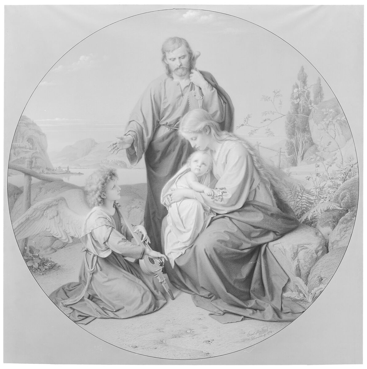 Holy Family, Carl Müller (German, Darmstadt 1818–1893 Neuenahr), Black and white chalk on gray paper
