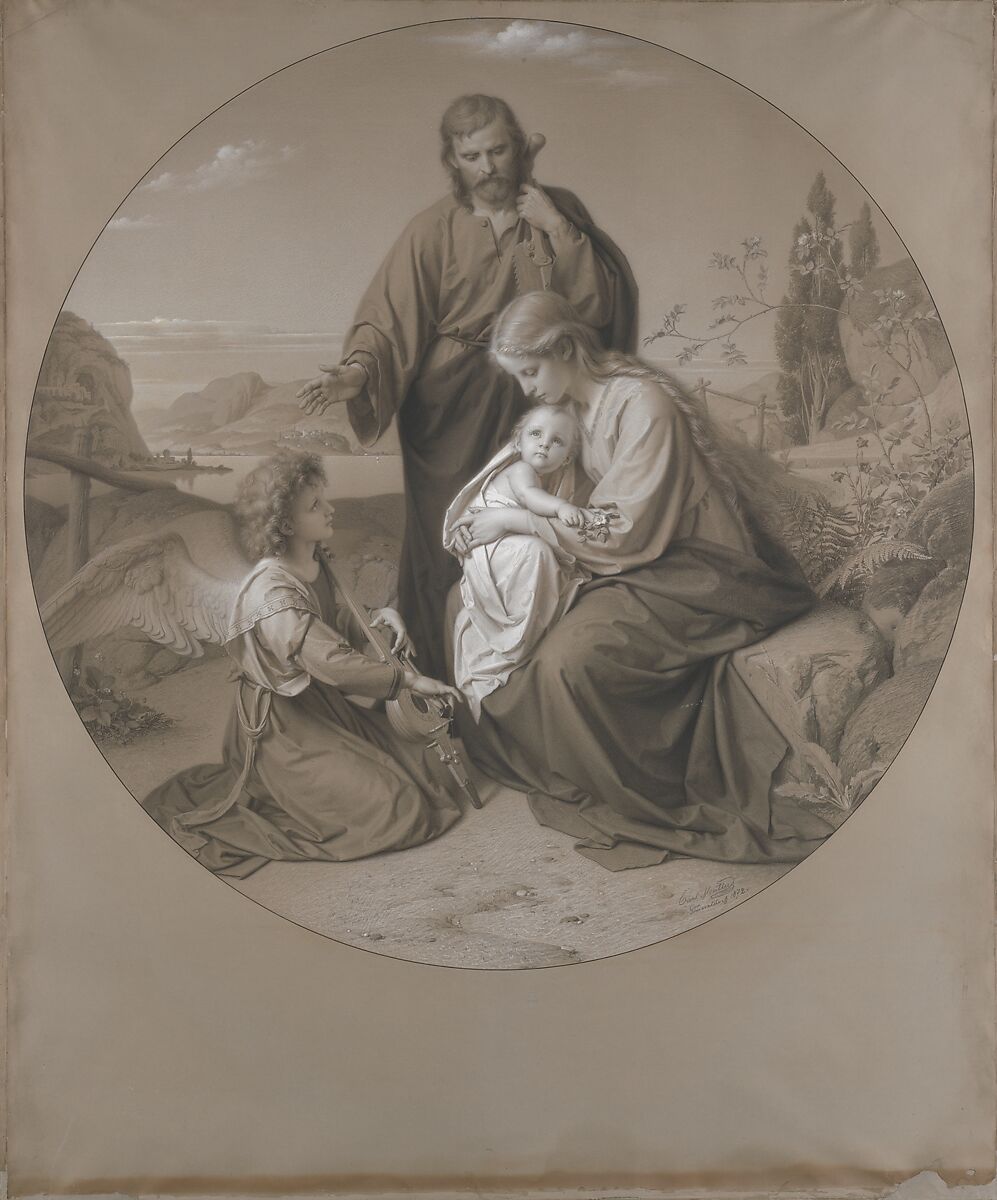 Holy Family, Carl Müller (German, Darmstadt 1818–1893 Neuenahr), Black and white chalk on gray paper 