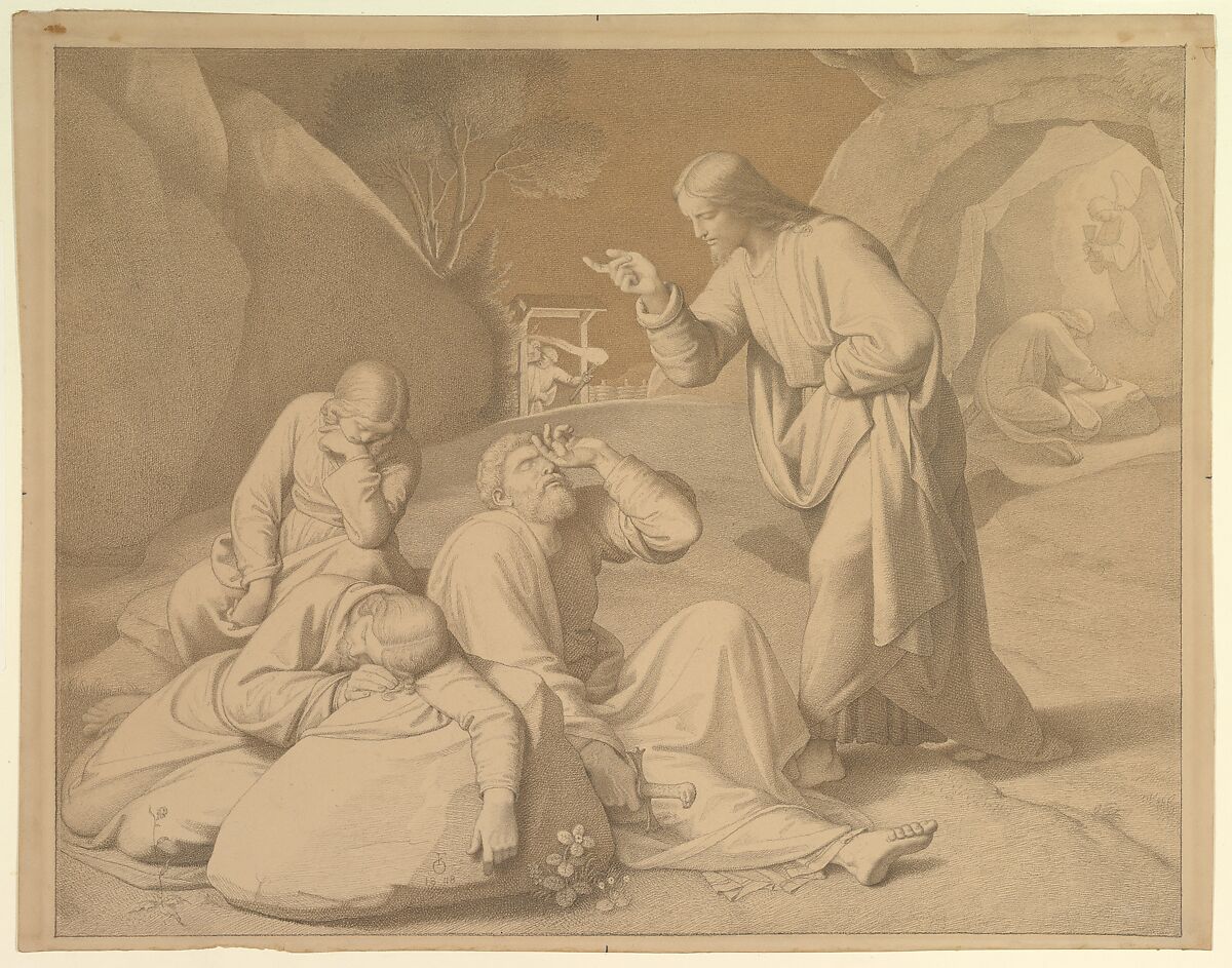 Christ in the Garden of Gethsemane, Johann Friedrich Overbeck (German, Lübeck 1789–1869 Rome), Black fabricated crayon (possibly early conté crayon) with touches of brown fabricated crayon and thin brown watercolor wash; framing line in black fabricated crayon 