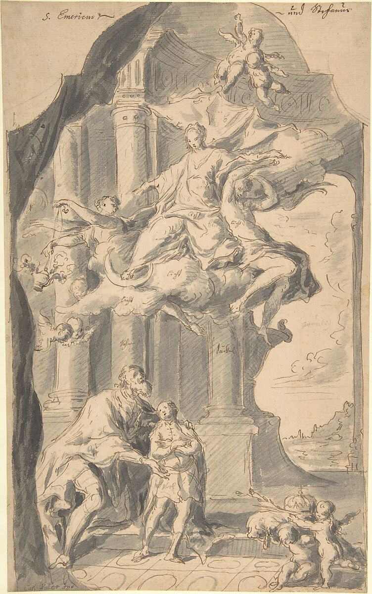 Saint Stephen of Hungary Presenting his Son, Saint Emeric, to the Virgin, Franz Xavier Karl Palko (Bohemian, Wroclaw 1724–1767 Munich), Pen and brown ink, gray wash and black chalk 