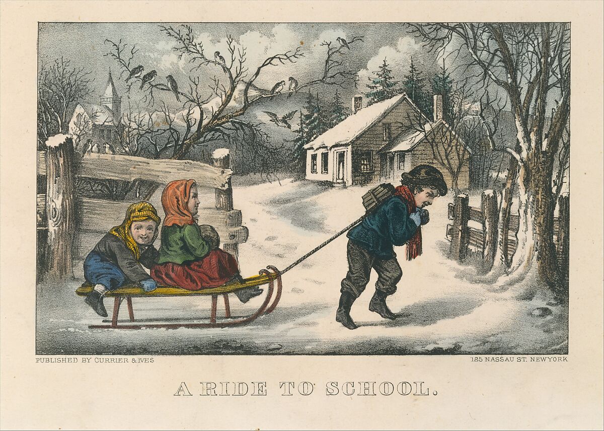 A Ride to School, Currier &amp; Ives (American, active New York, 1857–1907), Hand-colored lithograph