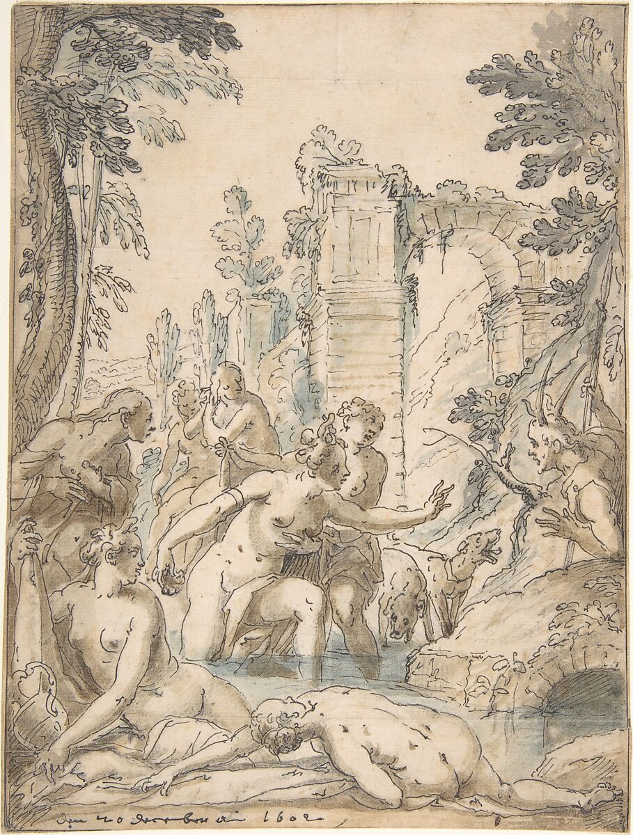 Diana and Actaeon, Georg Pecham (German, Munich ca. 1568–1604 Munich), Pen and black ink and brown and blue wash over traces of black chalk 