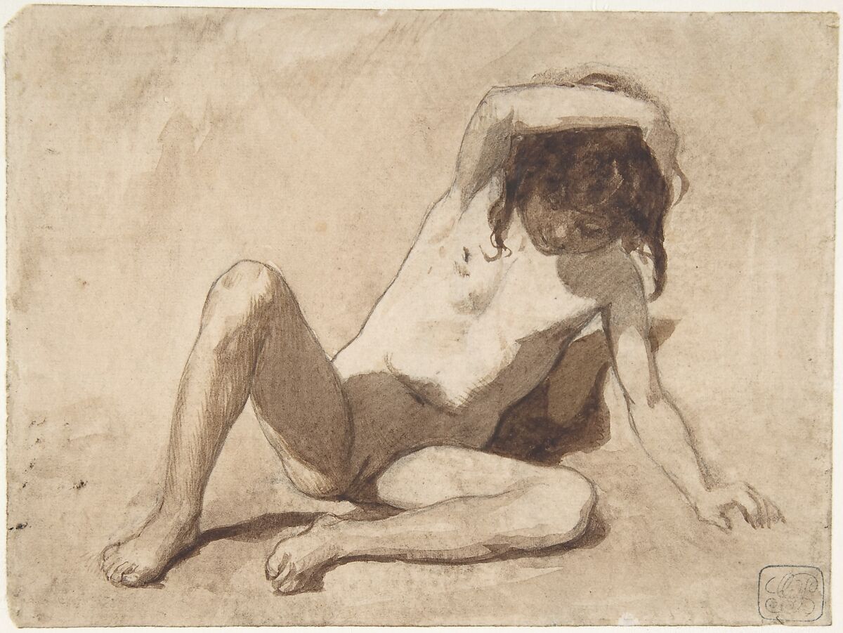 Study of a Nude Young Girl, August Xaver Karl von Pettenkofen (Austrian, Vienna 1821–1889 Vienna), Brush and brown wash over black chalk 